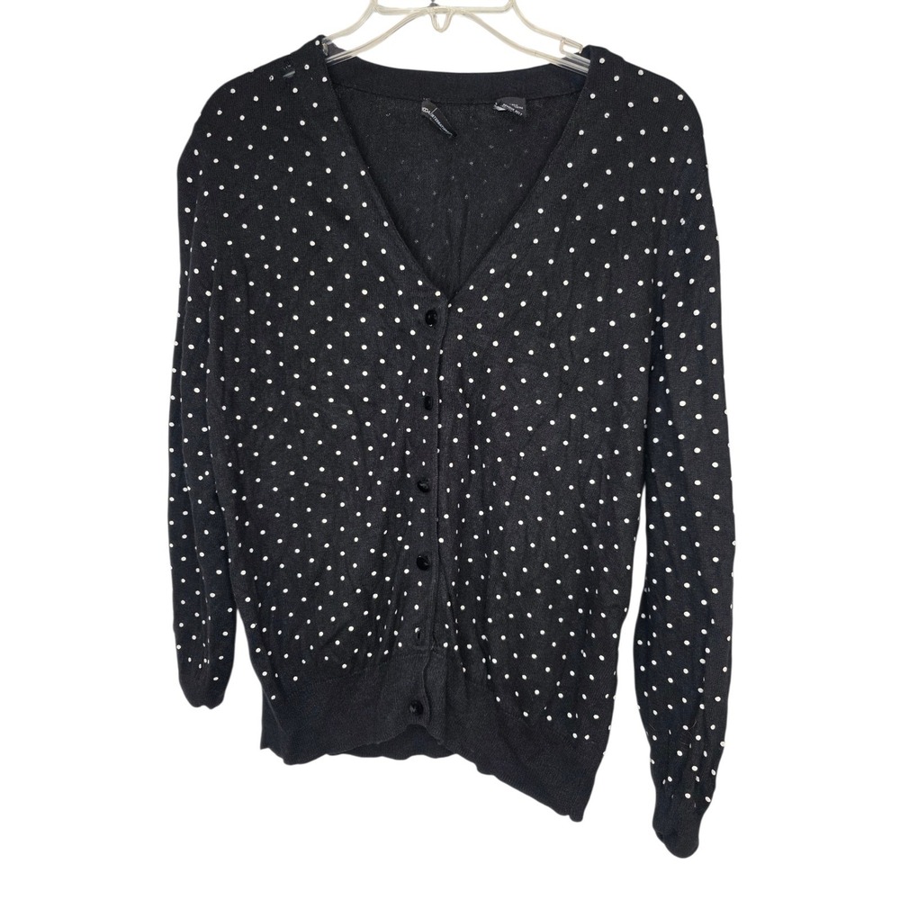 Moda International Silk Cashmere Polka‎ Dot Cardigan Black White Large V-Neck